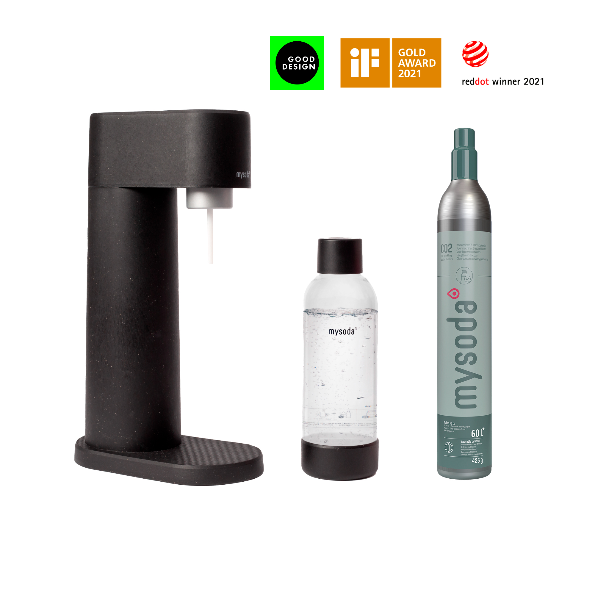 Sodastream nero con bombola di CO2 e bottiglia d'acqua, con badge.