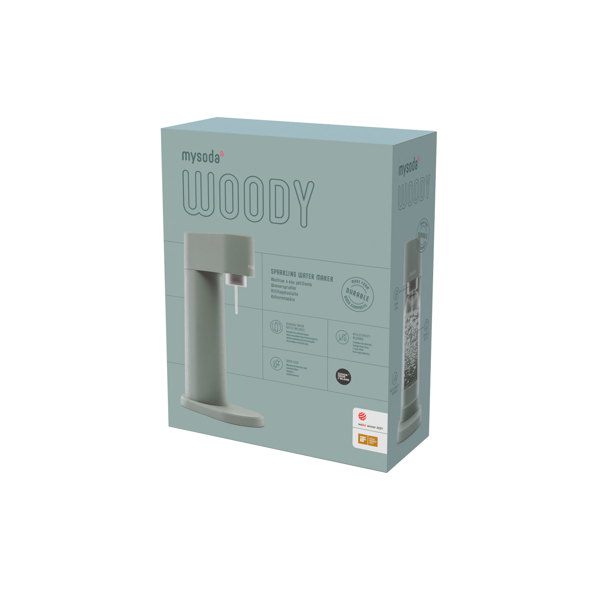 Box with a gray soda maker. Text: Woody, Sparkling water maker, Durable. White background.