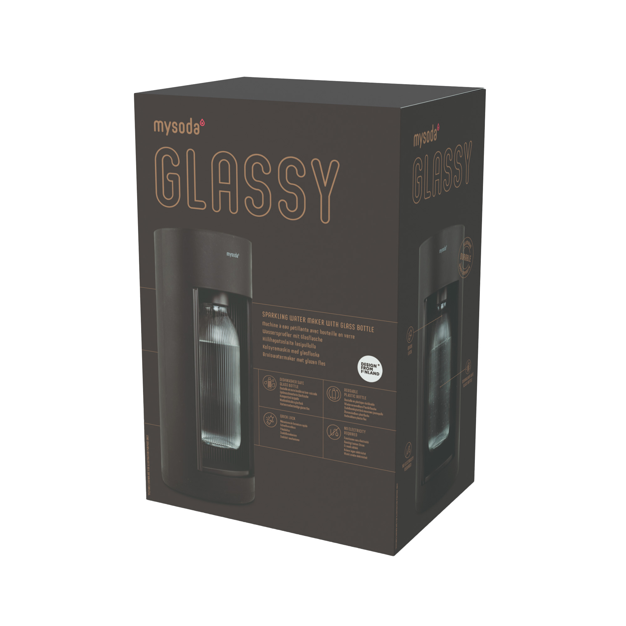 Zwarte mysoda Glassy-doos met afbeelding van een frisdrankmaker. Tekst zegt 'Glassy' en 'Sparkling water maker'.