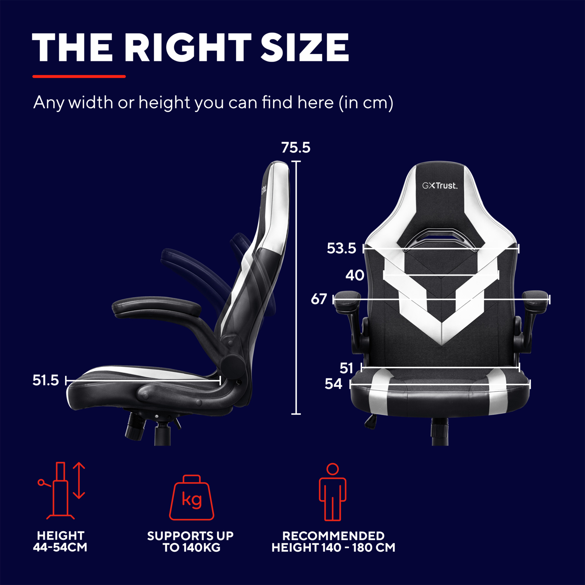 Ein Gaming-Stuhl mit schwarz-weißem Design, und Abmessungen sind angegeben. Empfohlene Höhe wird angegeben.