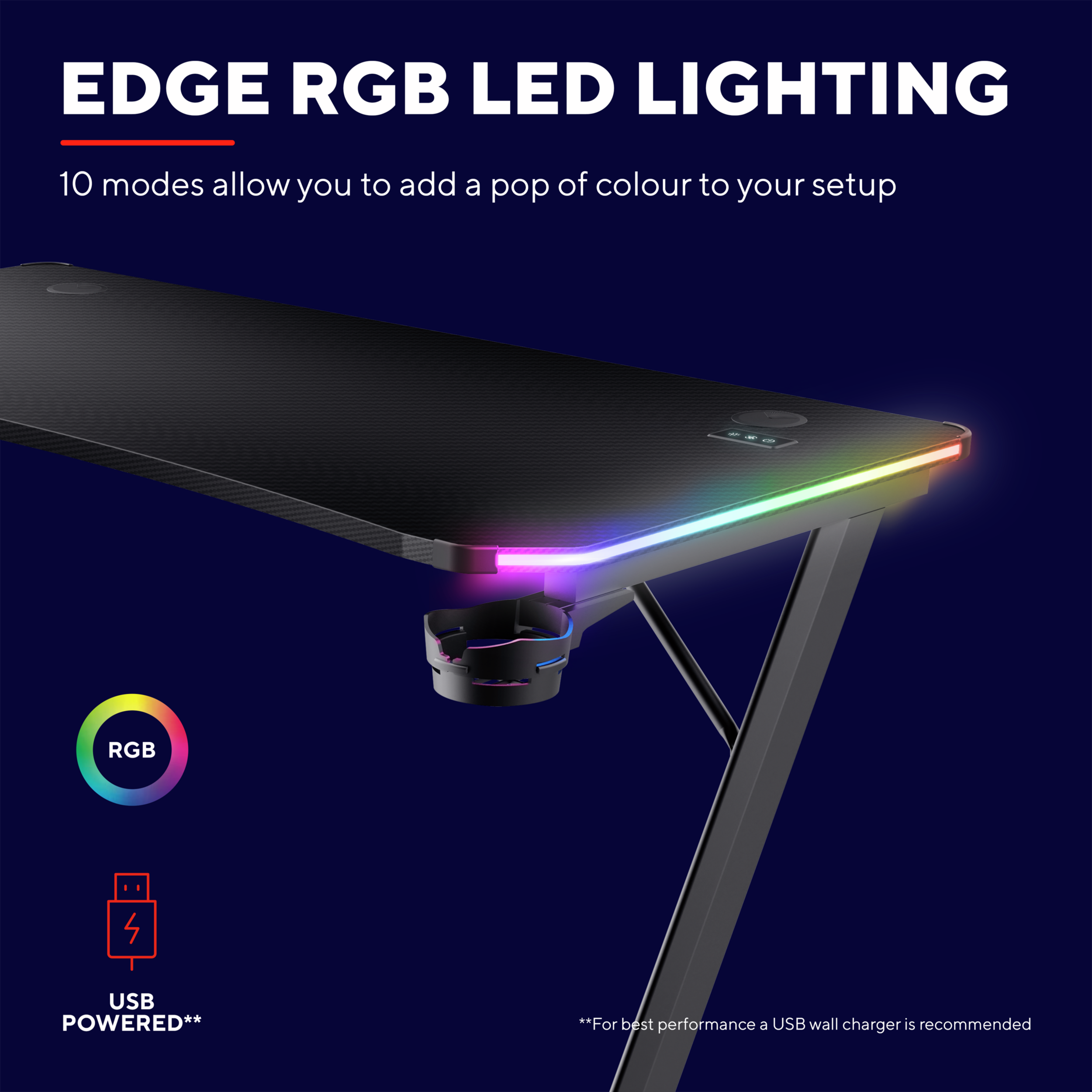 Gaming-Schreibtisch mit RGB-Beleuchtung, schwarzer Oberfläche und schwarzen Beinen.