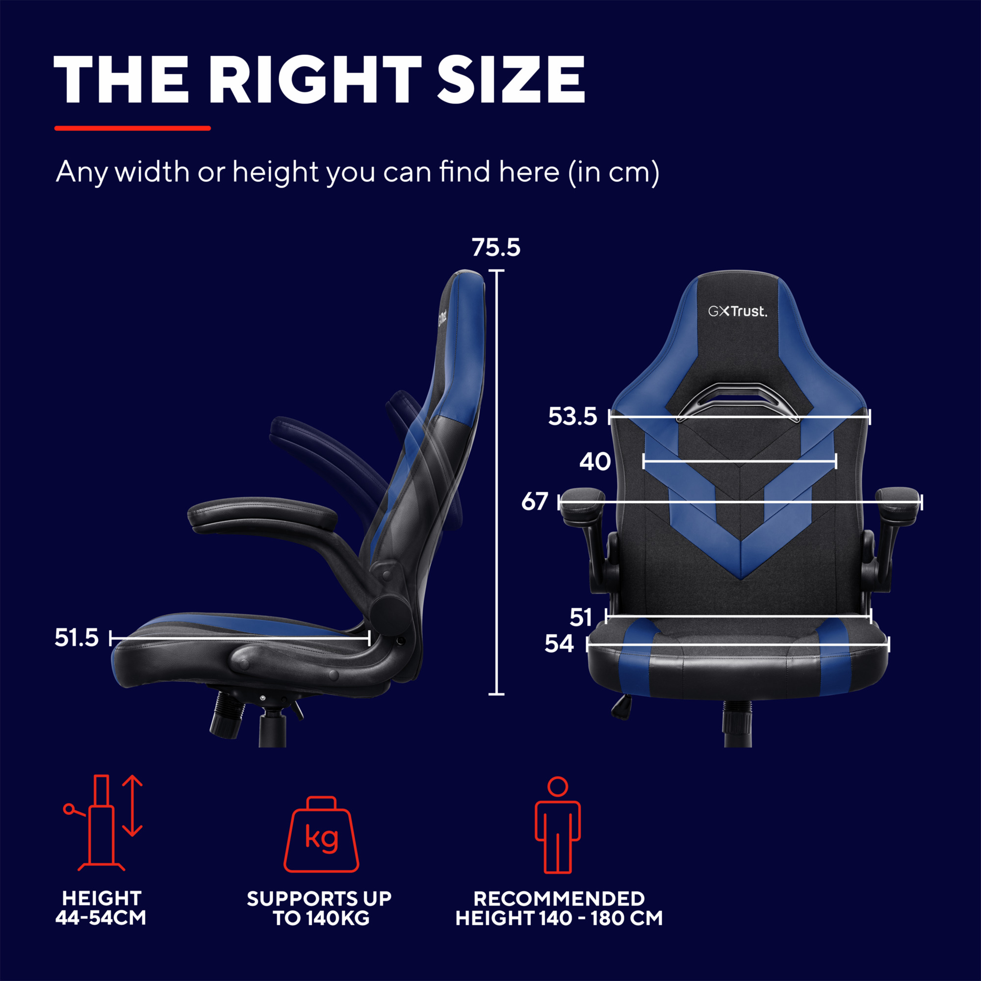 Gaming-Stuhl-Schema mit Abmessungen und einem Personensymbol, blau und schwarz.