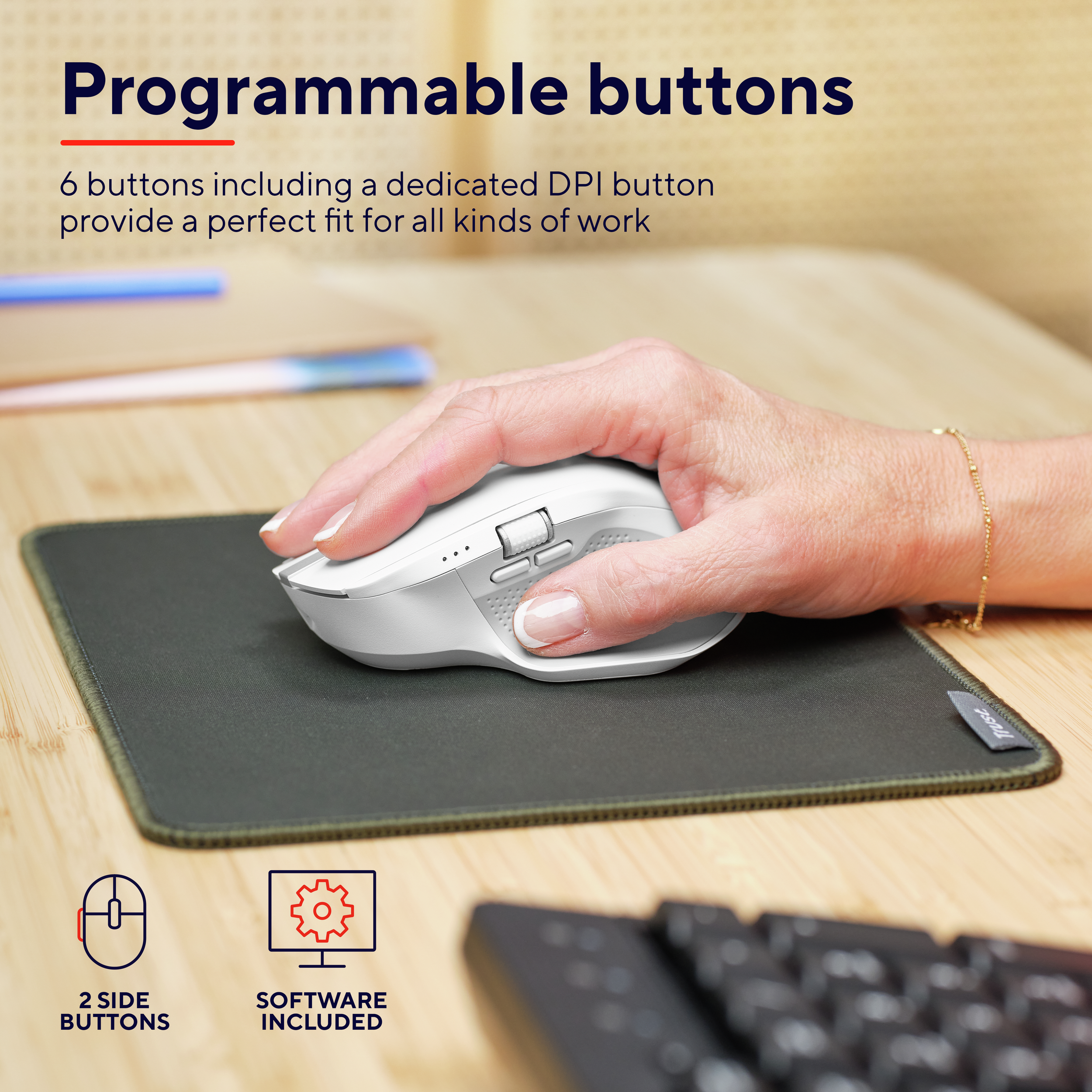 A hand using a white mouse on a mousepad. Text says, "Programmable buttons" and "Software Included".