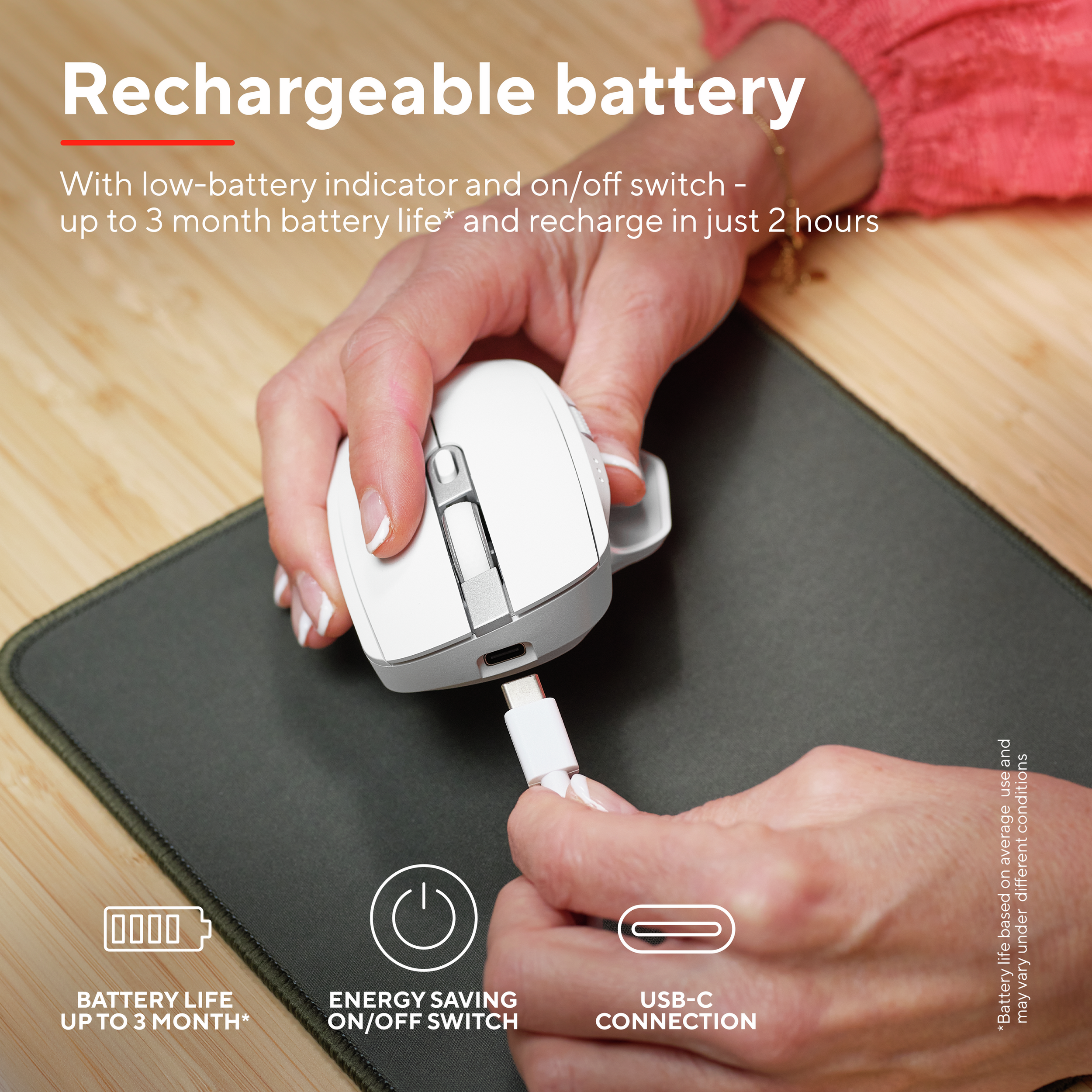 A person plugging a USB-C cable into a white mouse on a black mousepad.