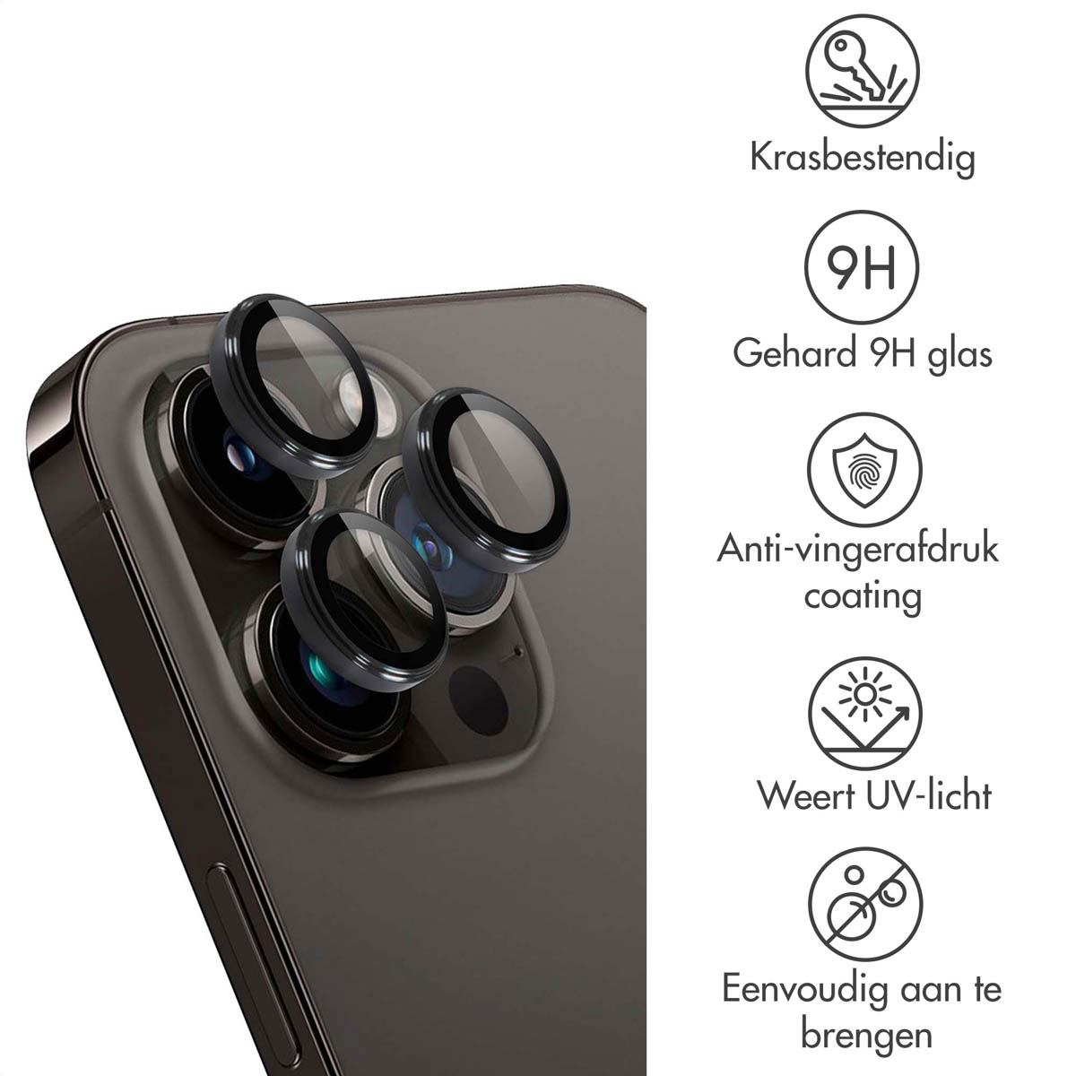 Close-up van een telefoon met lensbeschermers en tekst.