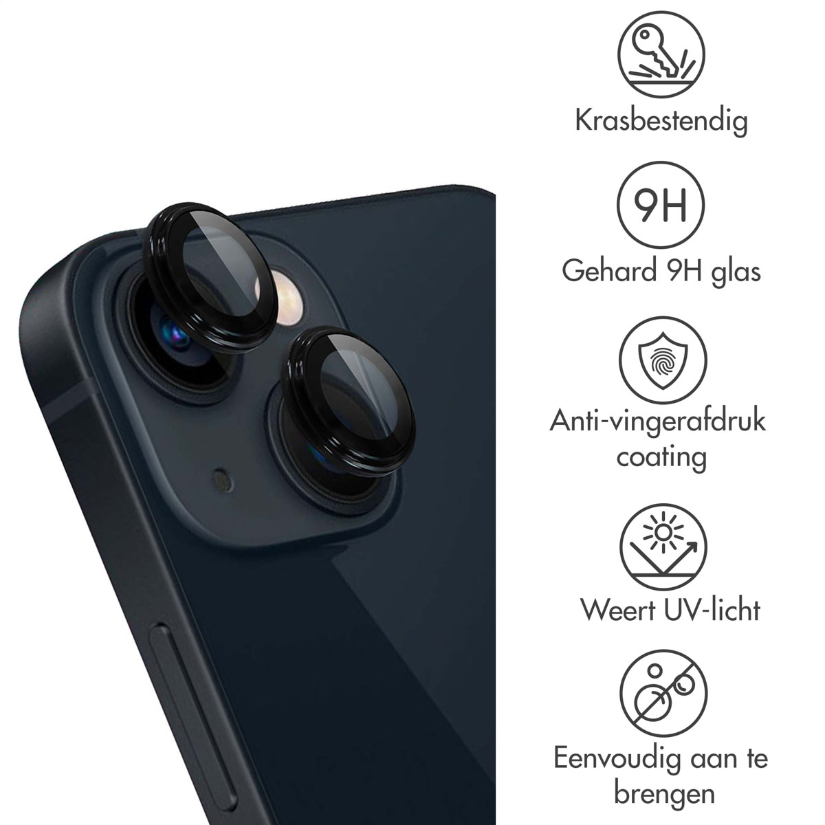 Close-up van een donkerblauwe telefoon met cameralensbeschermers. Verschillende pictogrammen ernaast.