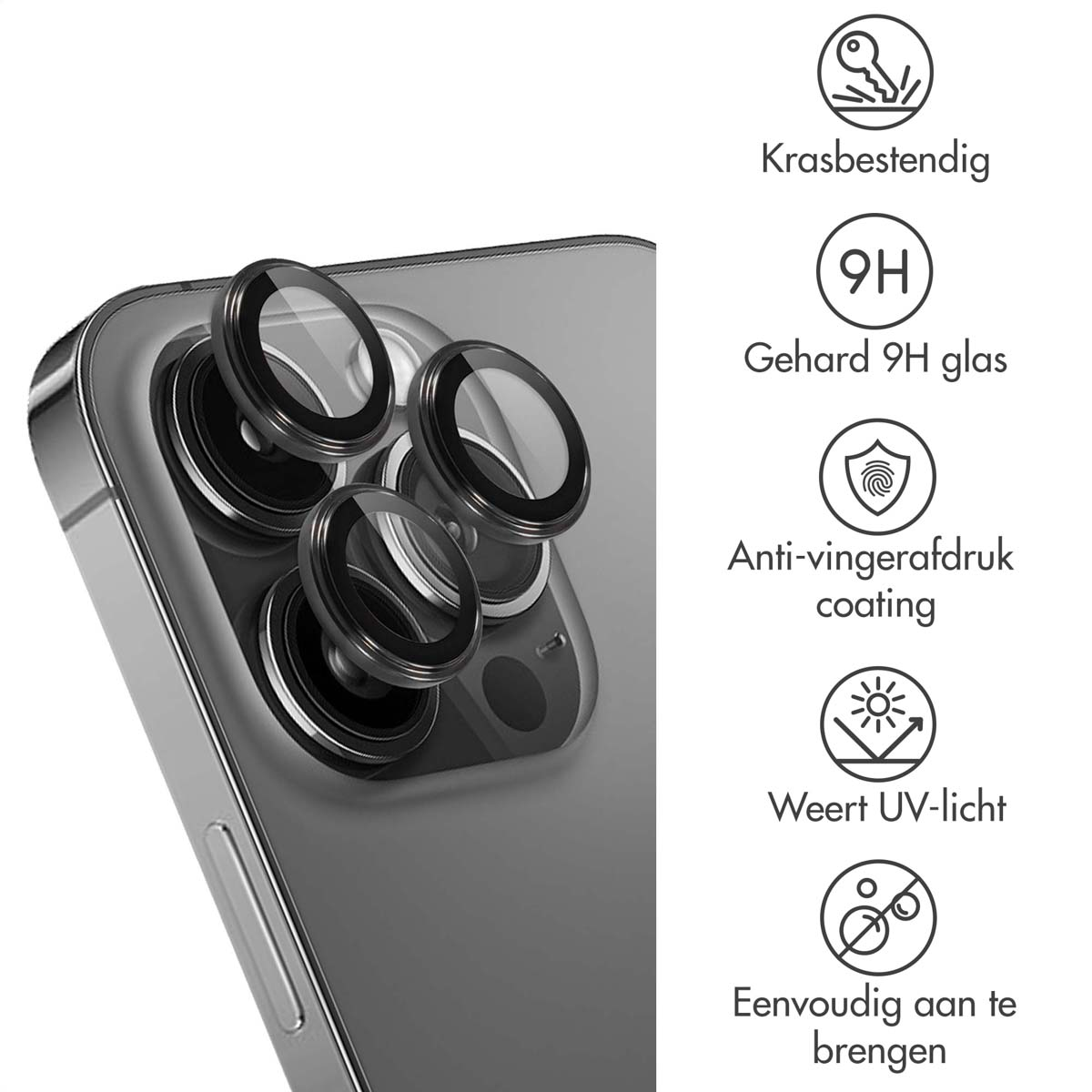 Telefoon met schermbeschermer. Pictogrammen tonen krasbestendigheid, 9H glas, anti-vingerafdruk, UV-bescherming, eenvoudig aan te brengen.