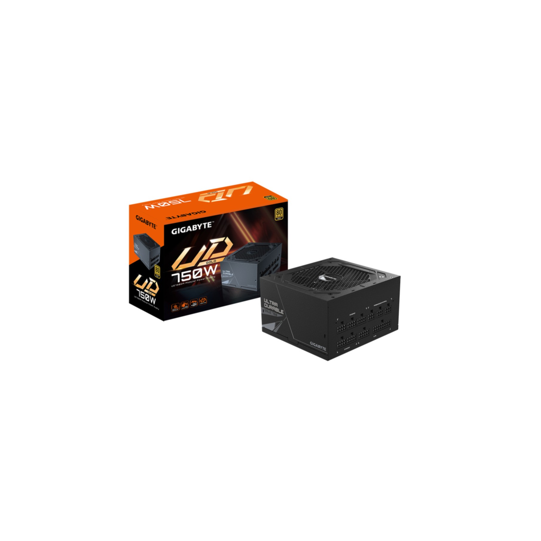 Una fuente de alimentación Gigabyte negra y su caja sobre una superficie blanca.