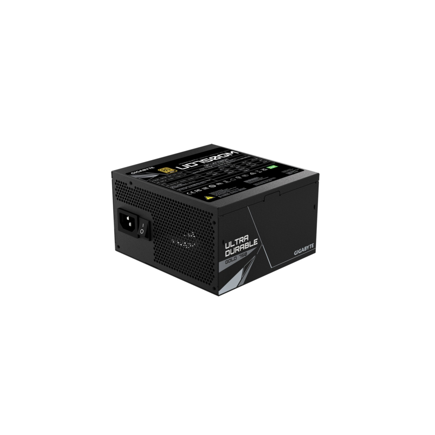 Fuente de alimentación de computadora negra. Tiene el nombre de la marca y el modelo.