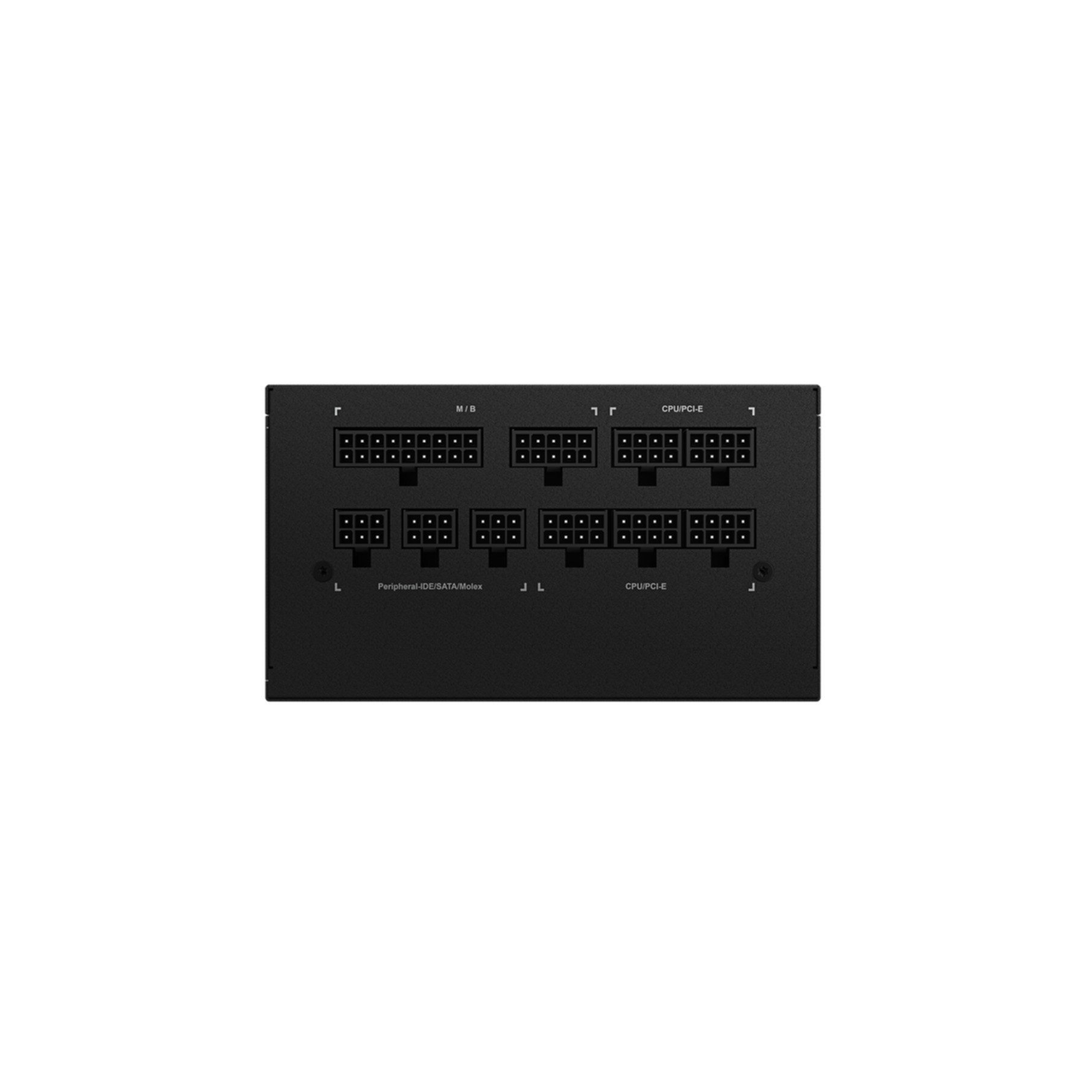 Fuente de alimentación de computadora negra con conectores. Tiene múltiples puertos para periféricos y dispositivos CPU/PCIE.
