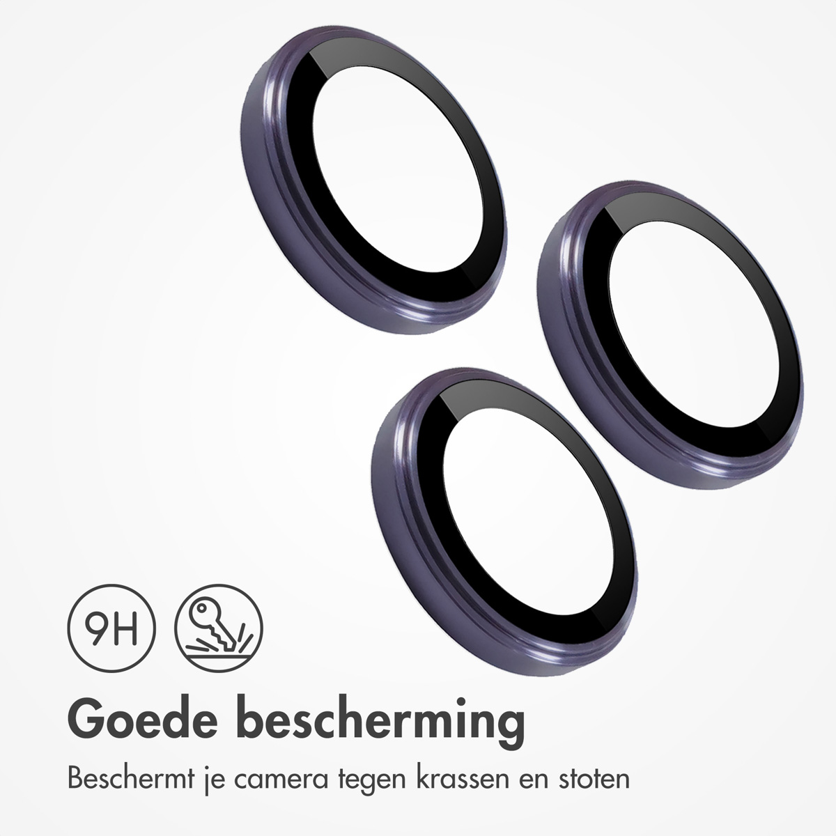 Drie paarse cameralensbeschermers. Witte achtergrond met goede bescherming tekst en 9H krasbestendigheid.