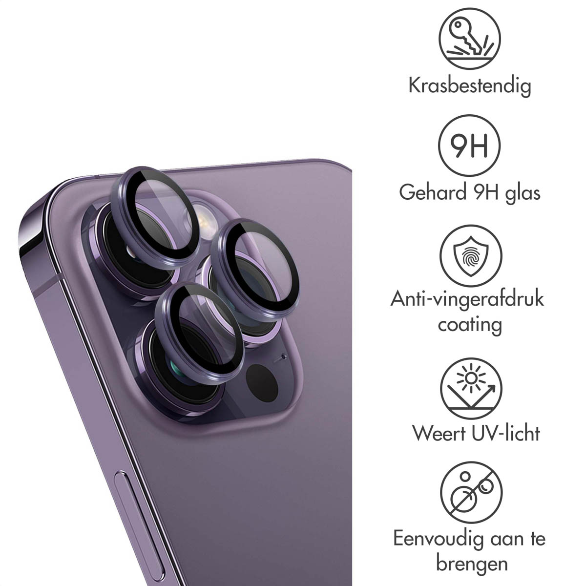 Paarse telefoon met lensbeschermers, met krasbestendigheid, 9H-glas en anti-vingerafdrukcoating.