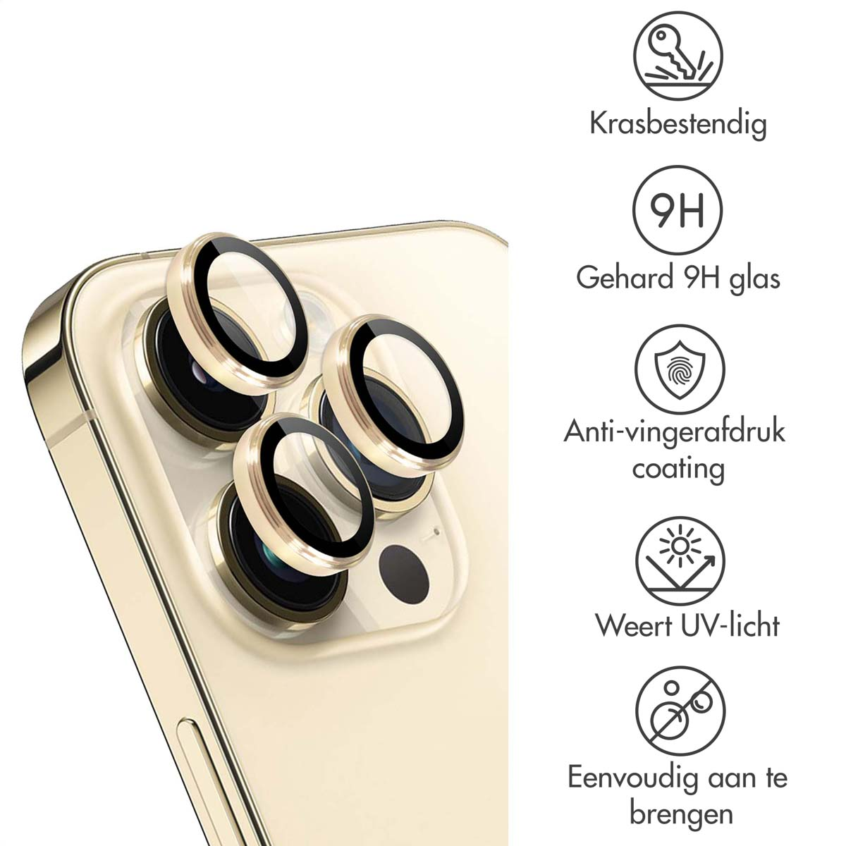 Close-up van een gouden telefoon met lensbeschermers en pictogrammen.