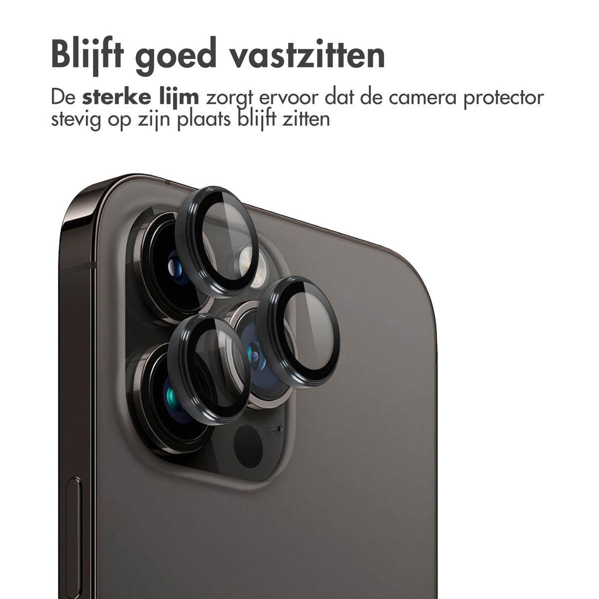 Téléphone gris foncé avec protecteurs d'objectif. Texte : 'Tient bien'. Fond blanc.