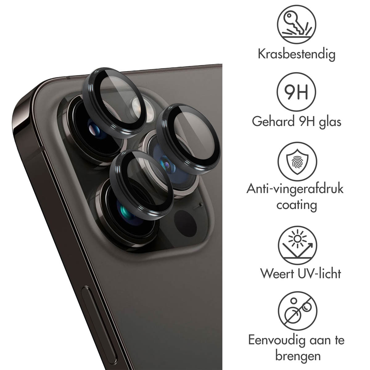 Téléphone avec protecteurs d'objectif, avec icônes des fonctionnalités.