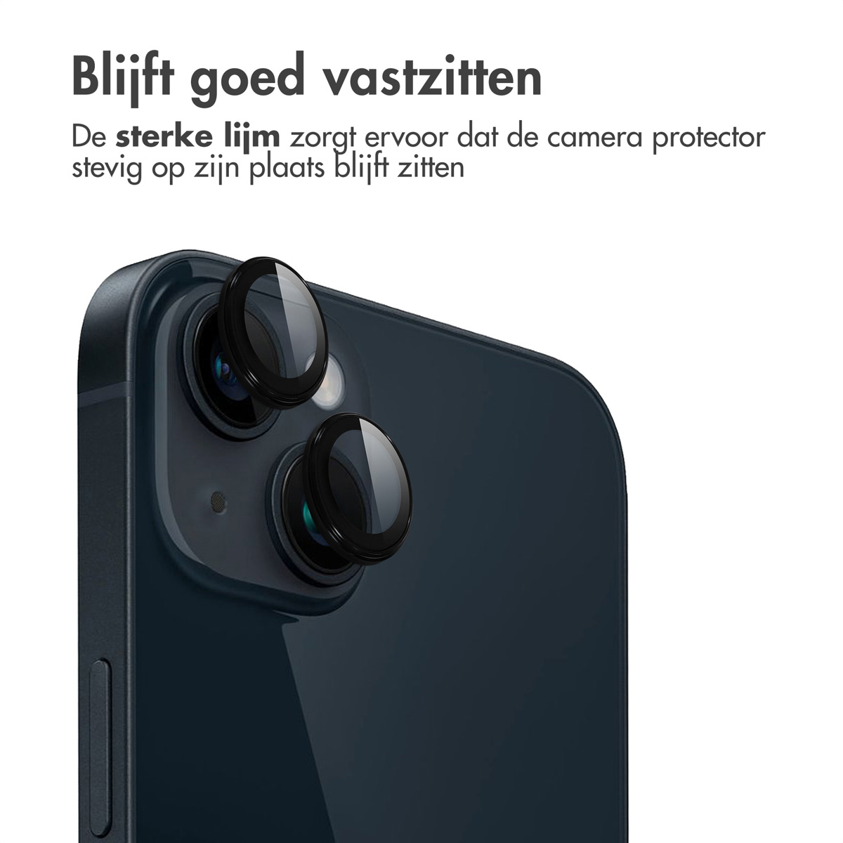 Close-up shot of a dark blue phone with lens protectors applied to the camera lenses.
