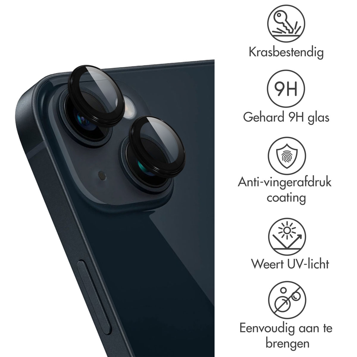 Close-up of a phone with camera lens protectors. Text labels: scratch-resistant, 9H glass, anti-fingerprint, UV light.