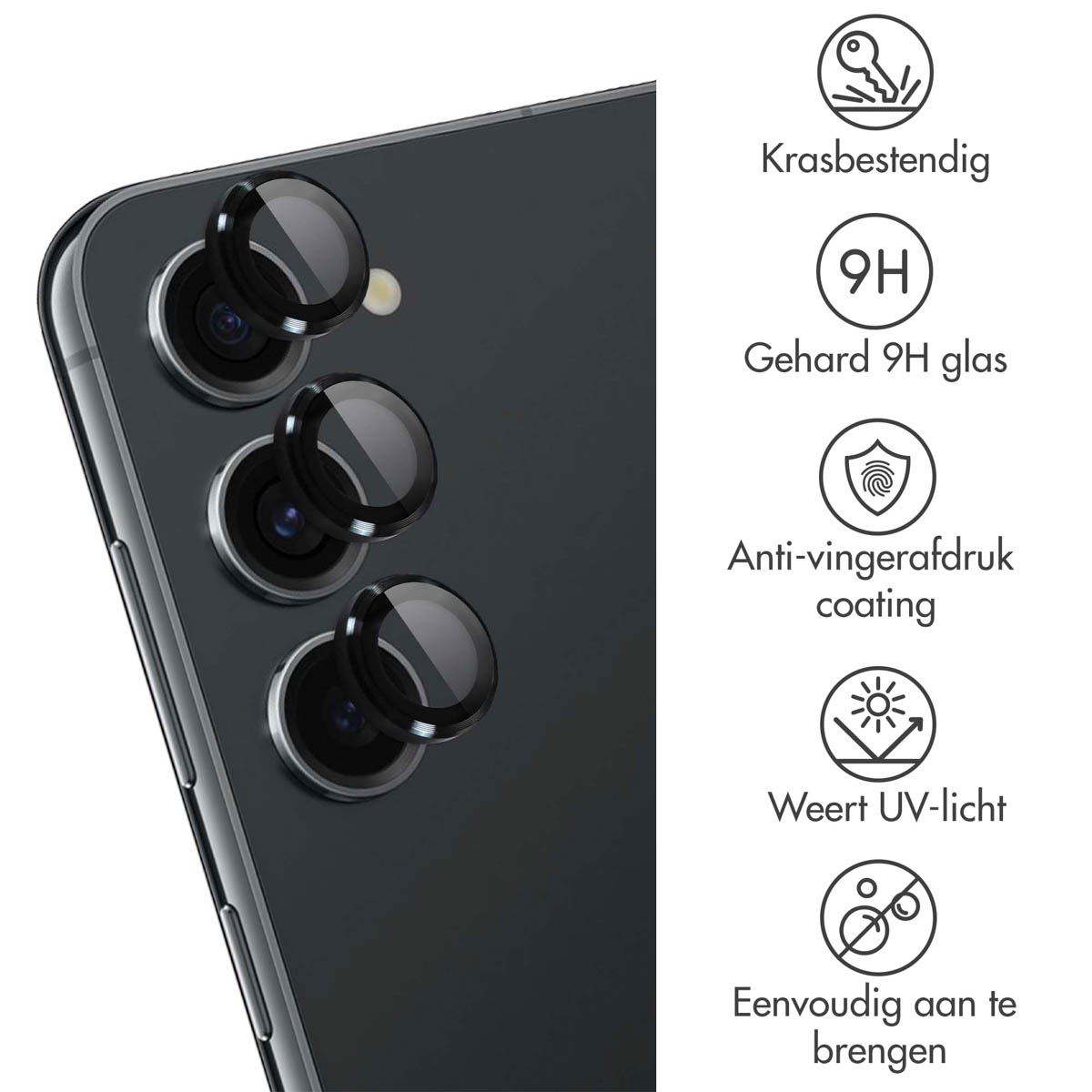 Telefoon met zwarte cameralenzen en beschermers, met functie-iconen.