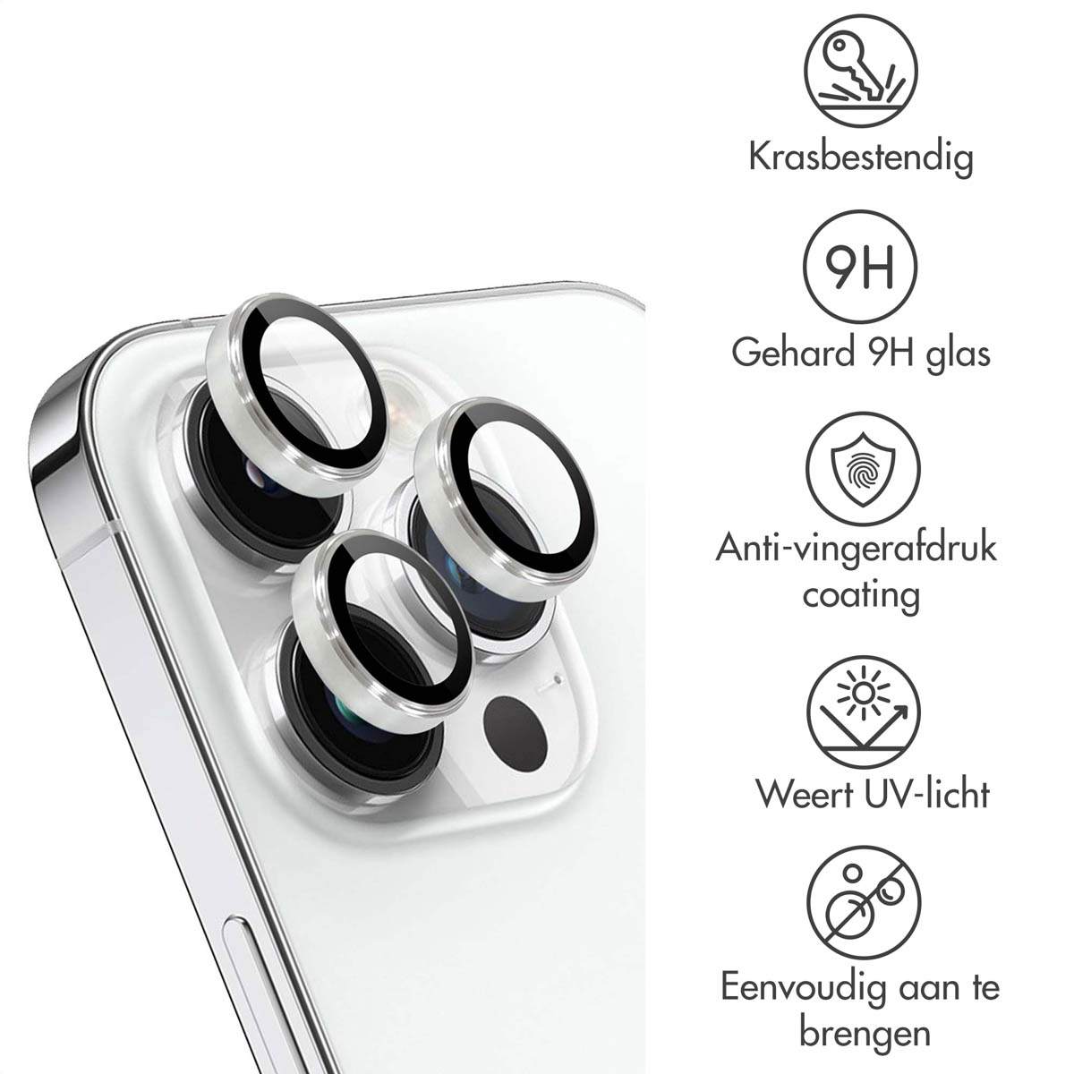 Close-up van een witte telefoon met cameralensbeschermers. Pictogrammen en tekst over functies zijn aanwezig.