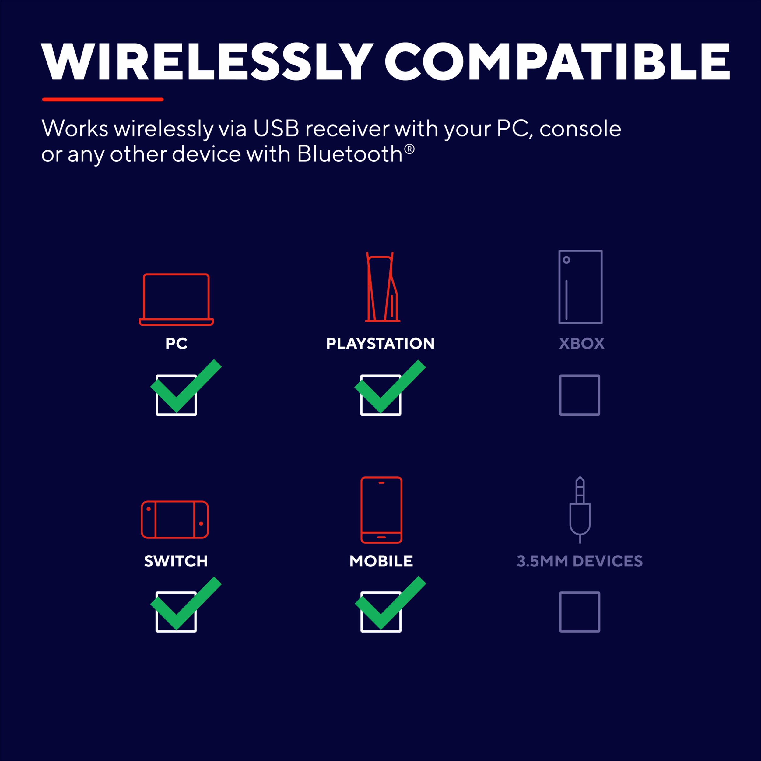 Diagramme montrant la compatibilité sans fil avec PC, Playstation, Xbox, Switch, Mobile et appareils 3,5 mm.