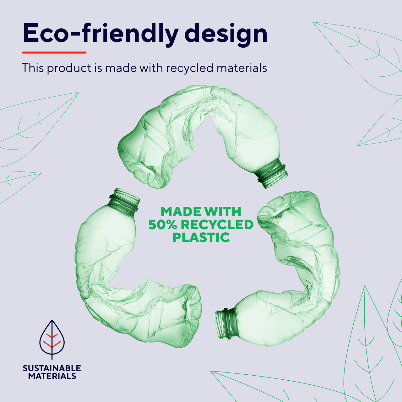 Zielone butelki z recyklingu tworzące symbol recyklingu z tekstem 'Made with 50% Recycled Plastic'.