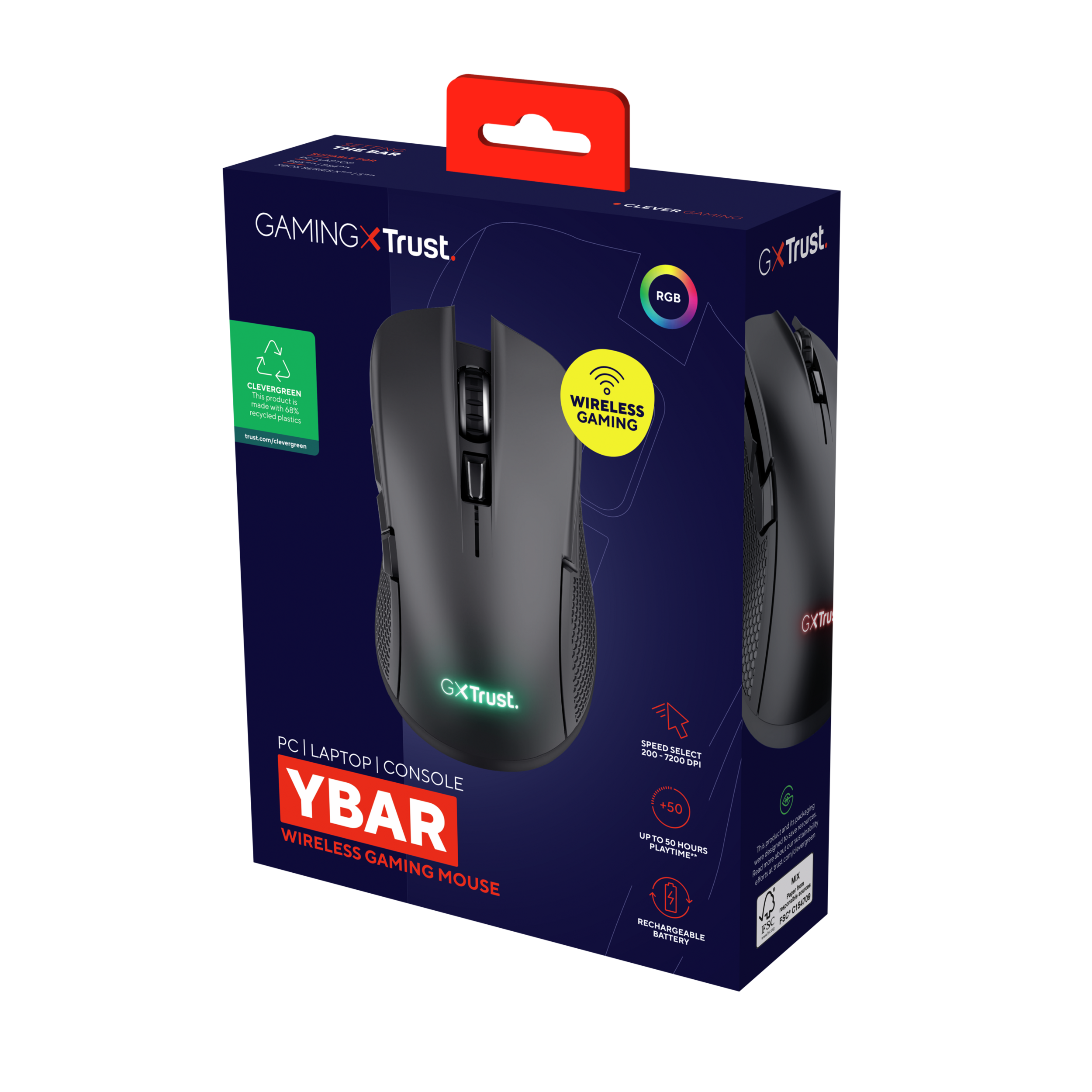 Une souris de jeu dans une boîte avec un design noir et rouge, avec des fonctionnalités étiquetées.