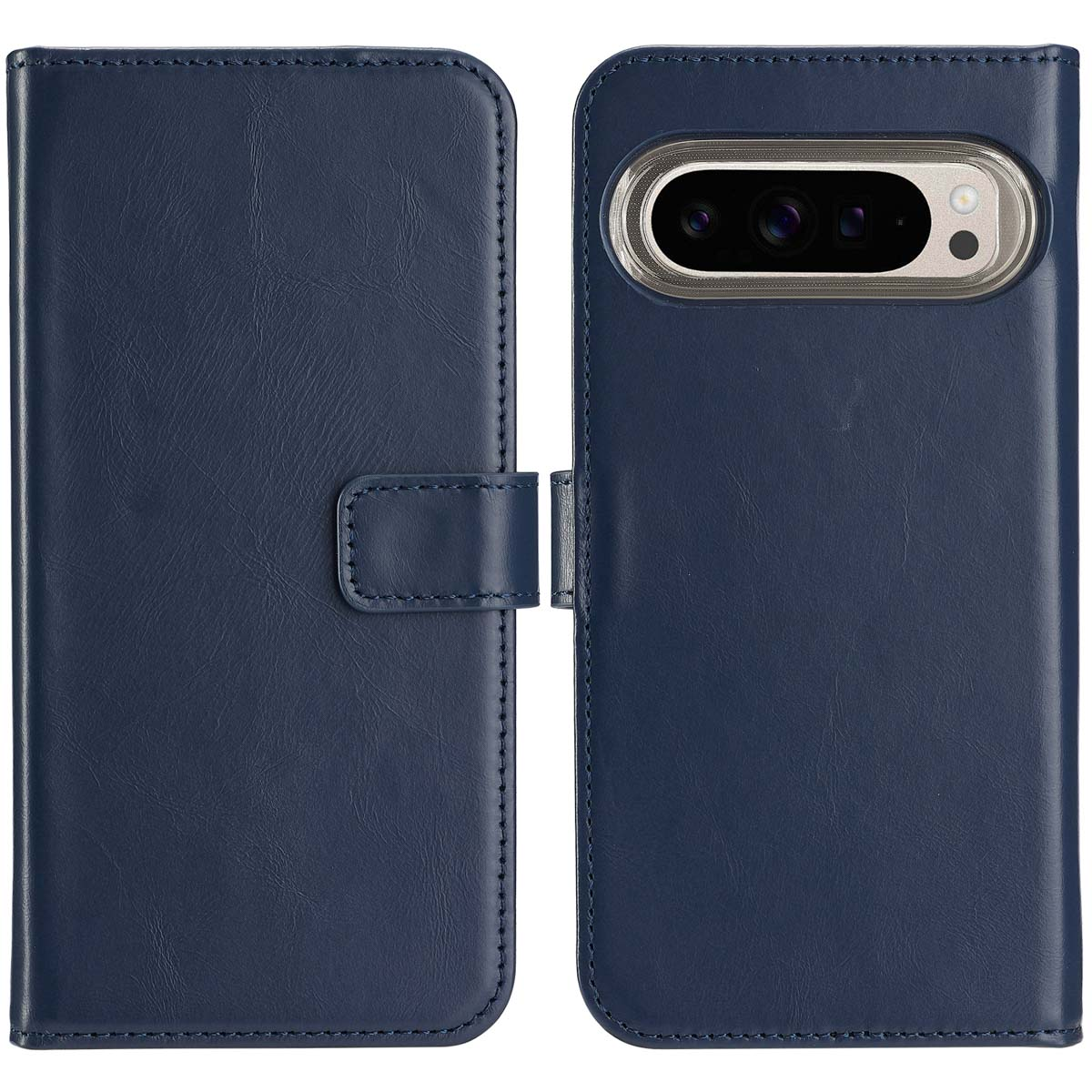 Una custodia per telefono blu navy aperta, che rivela il telefono. Ha una chiusura a scatto.
