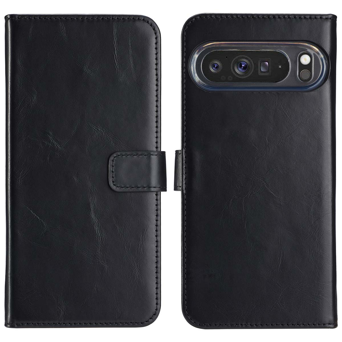 Un étui de téléphone en cuir noir, ouvert, avec un téléphone à l'intérieur. L'étui a une fermeture magnétique.