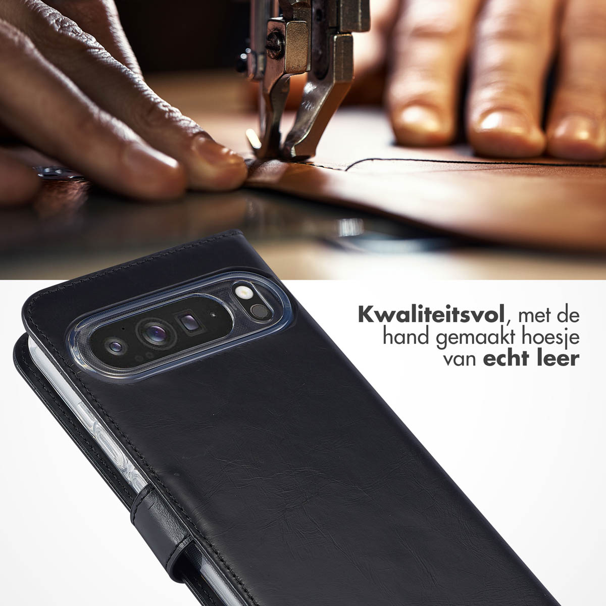 Gros plan sur un étui de téléphone noir, une main cousant du cuir avec une machine à coudre en arrière-plan.