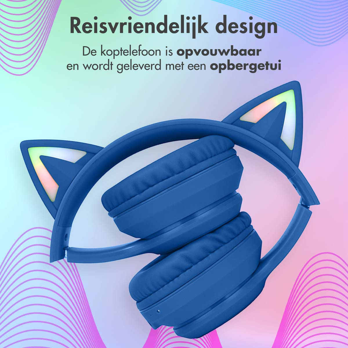 Blauwe koptelefoon met kattenoren, opgevouwen, met een gradiënt achtergrond. Opvouwbaar.