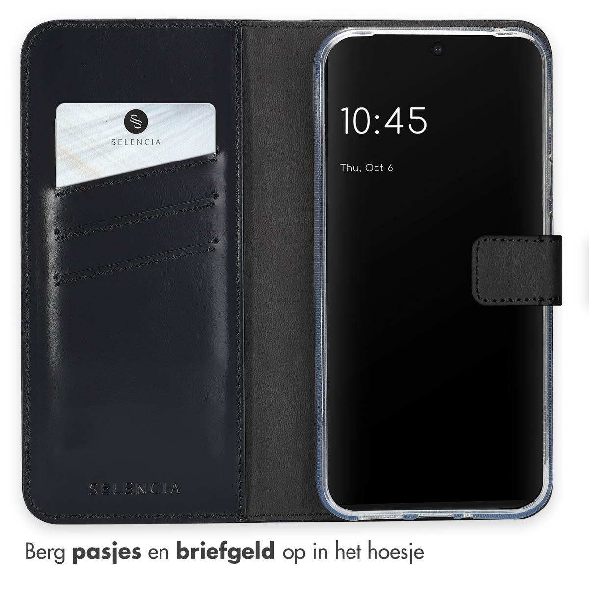 Étui de téléphone ouvert, affichant un téléphone avec horloge et emplacements pour cartes.