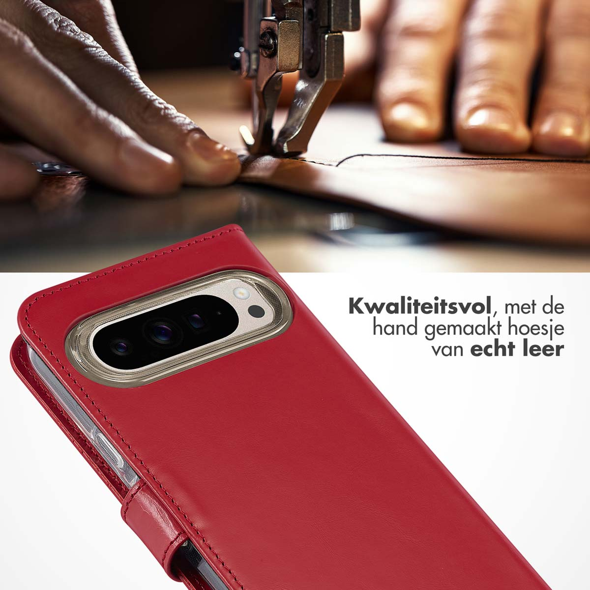 Se está cosiendo una funda roja para el teléfono. El teléfono está en la funda. El fondo es blanco.