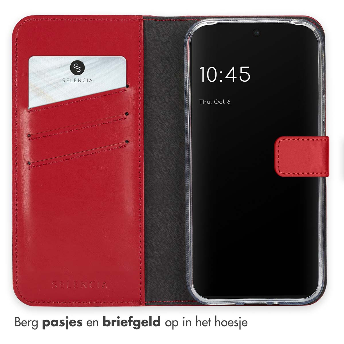 Funda de teléfono con tarjeta de crédito y teléfono, interior rojo, hora en la pantalla.