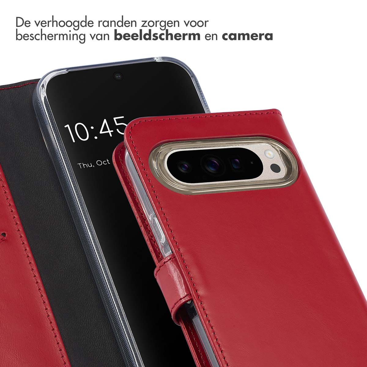 Funda roja con teléfono dentro, mostrando la pantalla y la cámara.