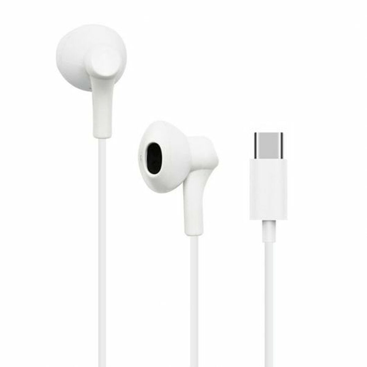 Auricolari bianchi e un connettore USB-C bianco. Gli auricolari hanno un design unico. Il cavo è bianco.