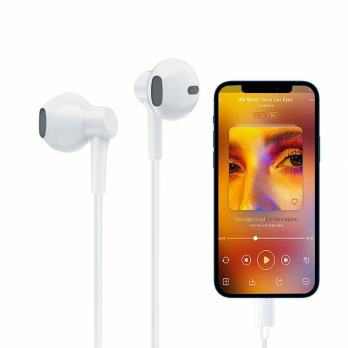 Auricolari bianchi e un telefono che mostra un'app musicale.
