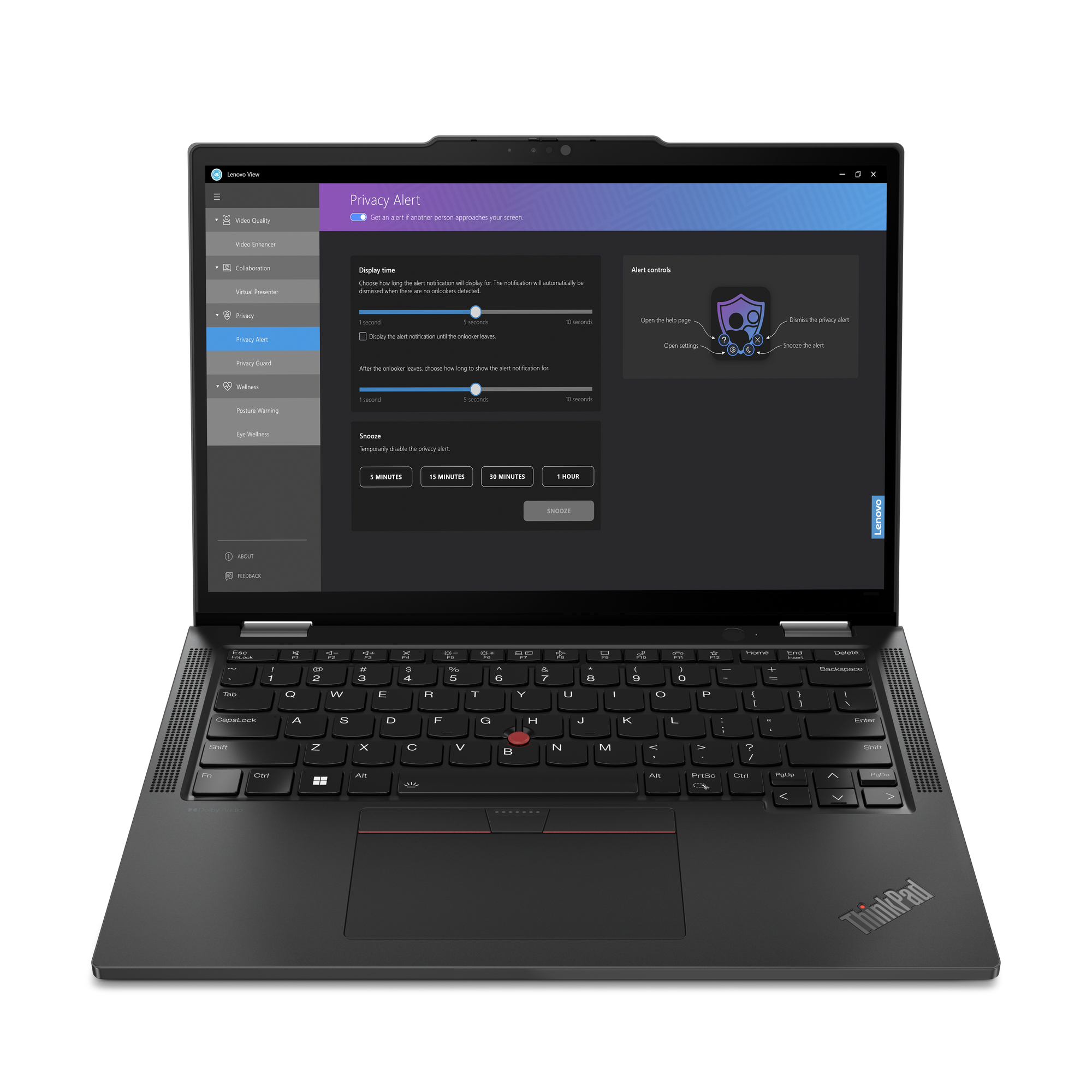 Laptop che mostra una schermata di avviso sulla privacy. La tastiera è nera e lo schermo è acceso.