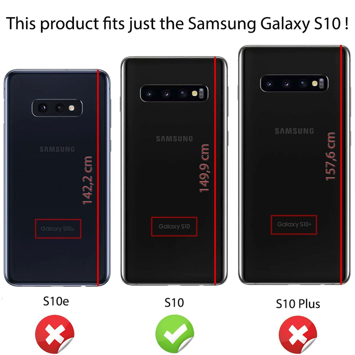 Drei Samsung Galaxy S10 Telefone mit Abmessungen, zeigt Kompatibilität nur für S10.
