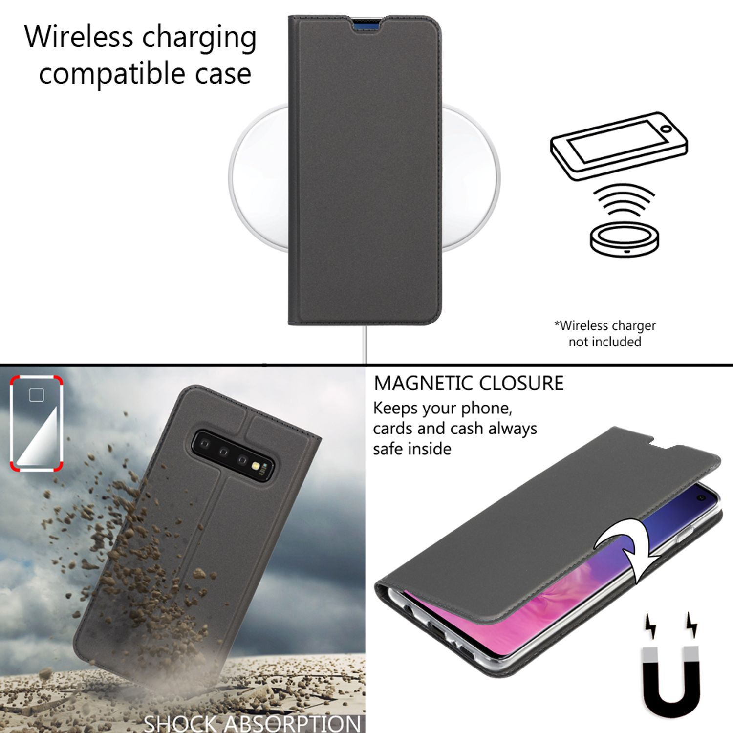 Eine graue Handyhülle mit Telefon, die Stoßabsorption zeigt.