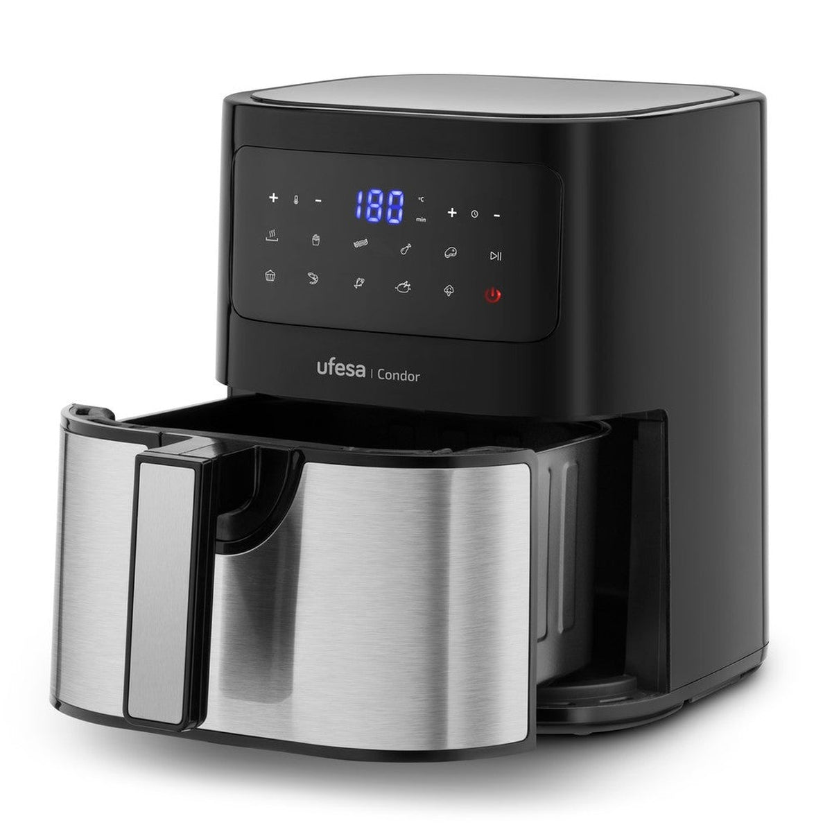 Czarna frytkownica beztłuszczowa z otwartą szufladą. Panel sterowania na górze, wyświetlacz 180.