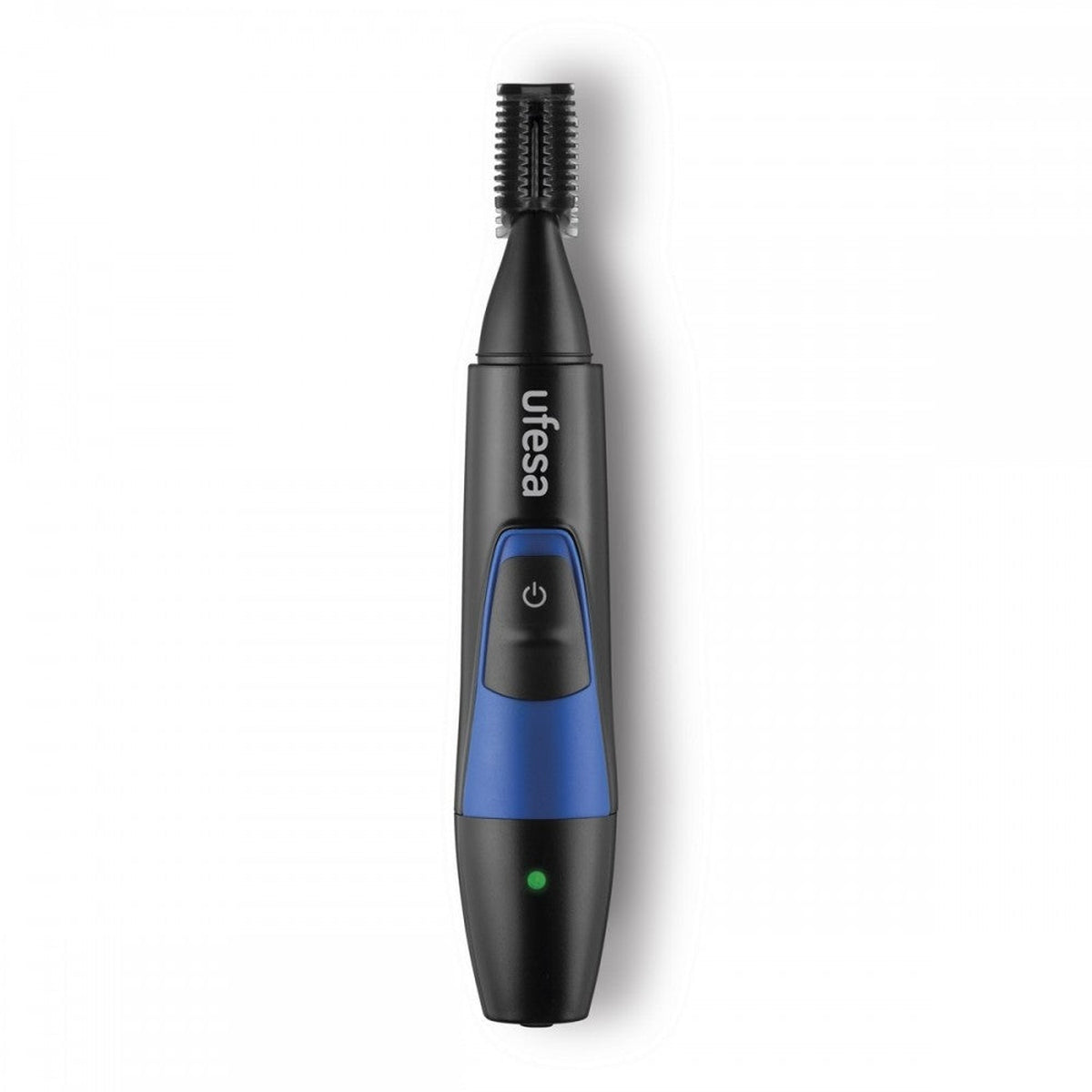 Recortador de vello nasal negro. Diseño azul y negro. Botón de encendido y luz verde. Marca Ufesa.