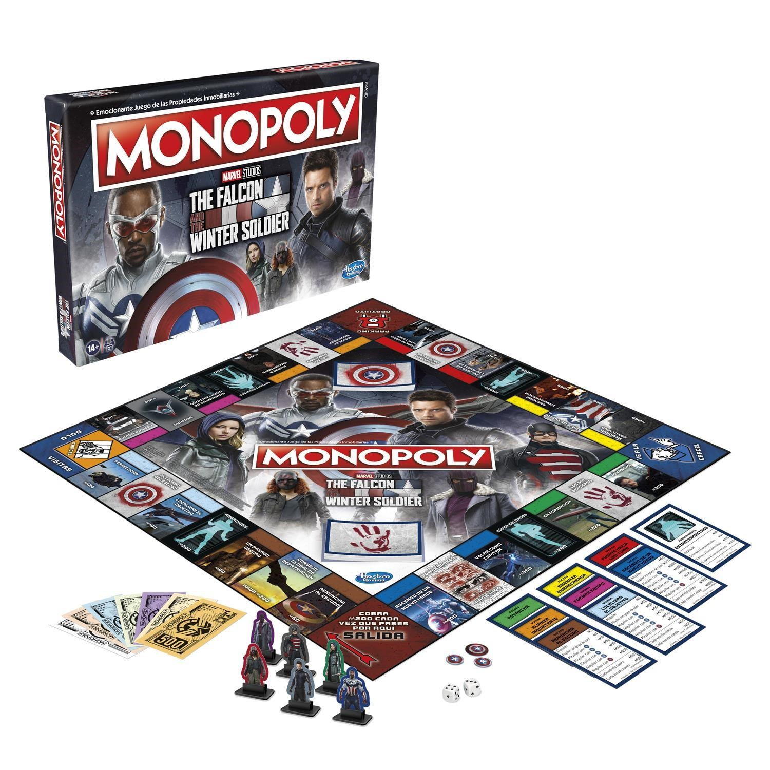 Monopoly-Brettspiel mit The Falcon und Winter Soldier. Brett und Spielsteine sind sichtbar.