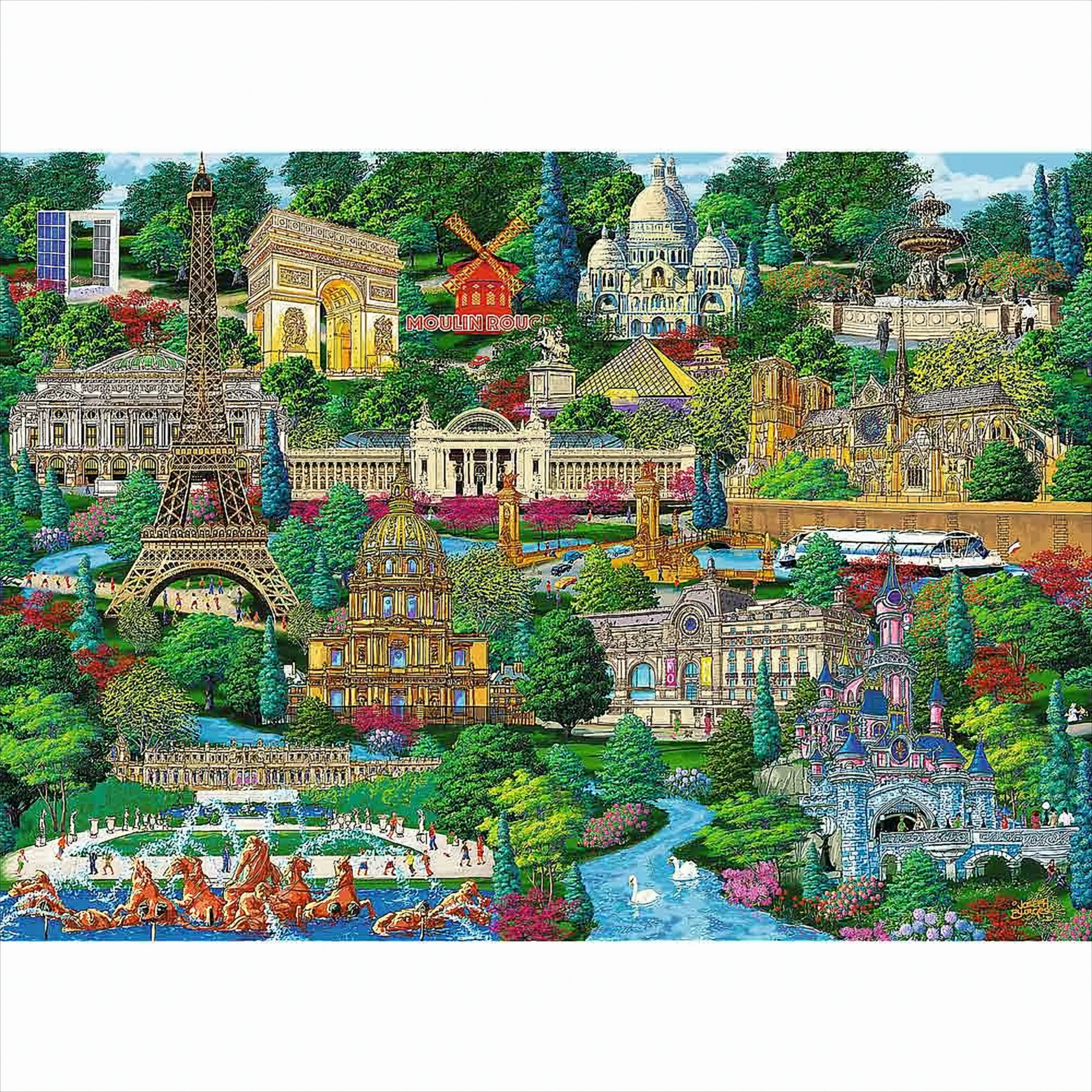 Żywy kolaż słynnych zabytków w otoczeniu parku. Widoczne wieża Eiffla, Łuk Triumfalny.