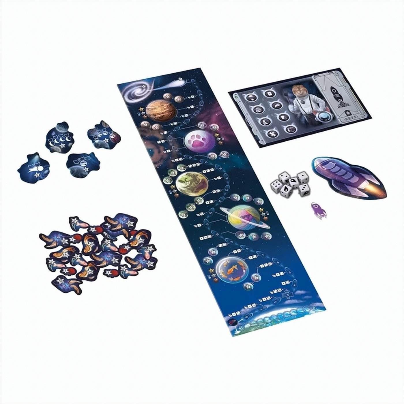 Brettspiel: Weltraum-Themenbrett, Planeten, Raumschiff, Spielsteine. Weißer Hintergrund.