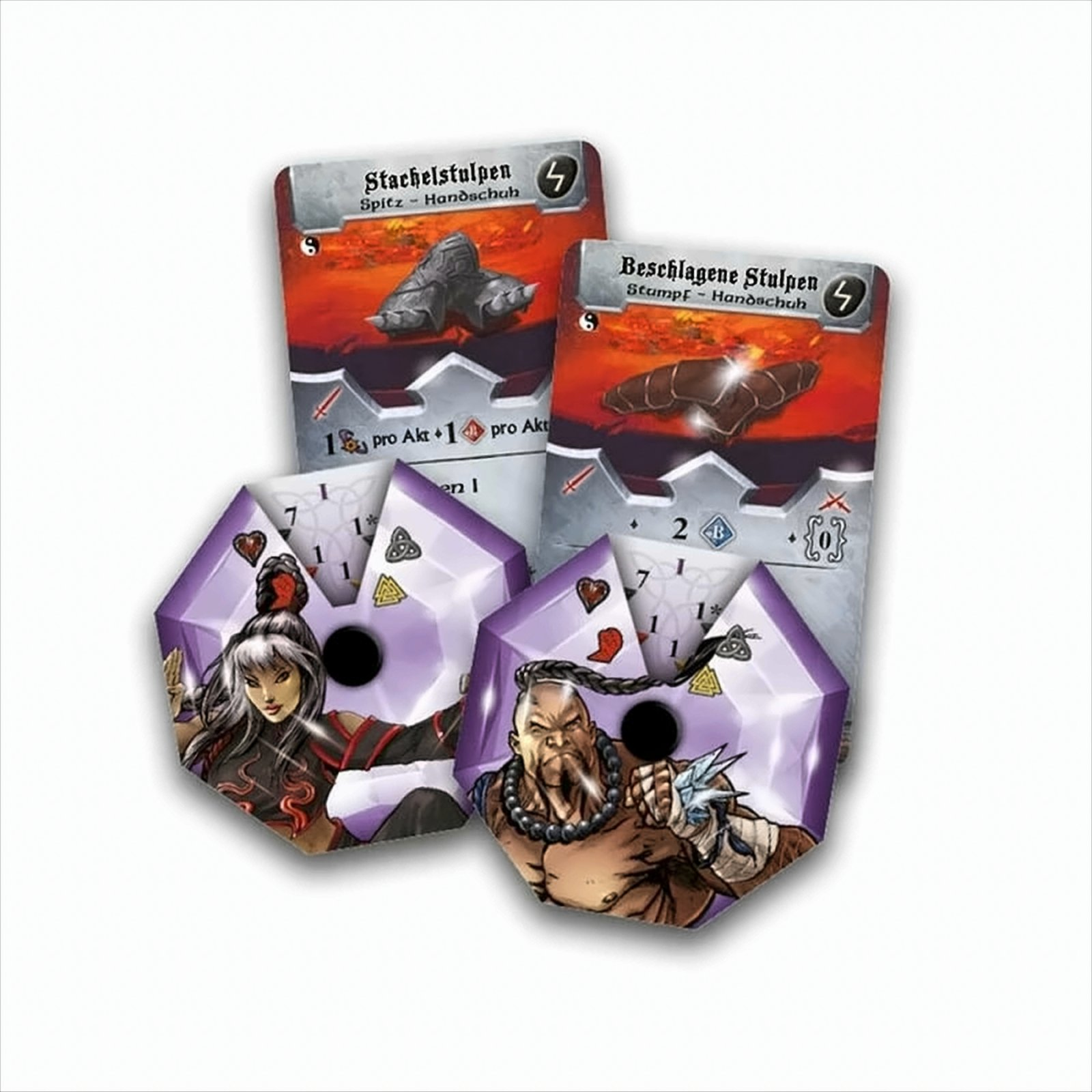 Drei Spielkarten mit Fantasy-Kunst von Kriegern und einem Kartenspiel.