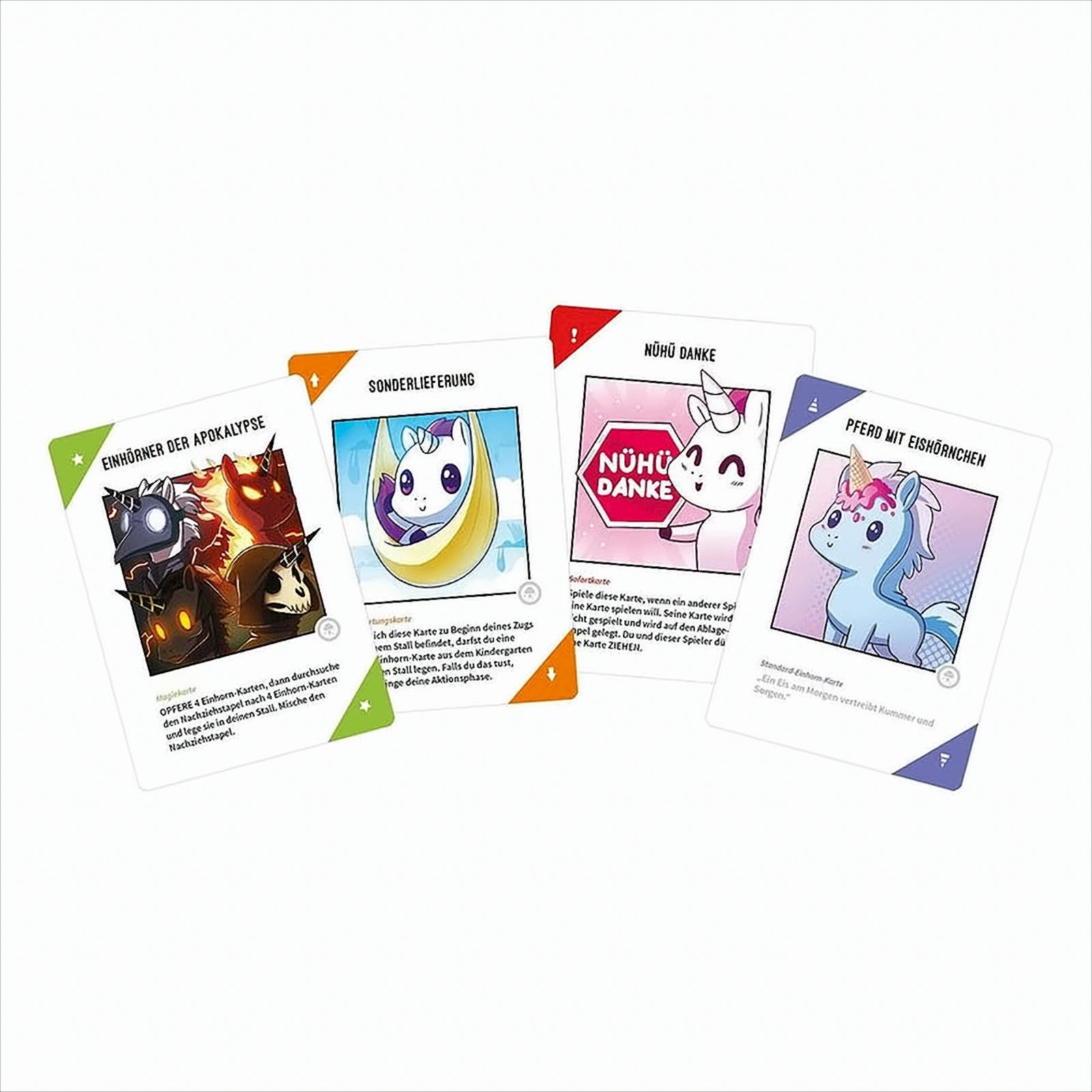 Vier farbige Spielkarten mit Cartoon-Einhörnern und Text auf Deutsch. Weißer Hintergrund.