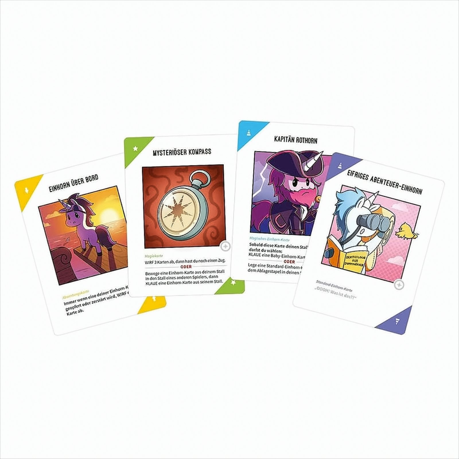 Vier farbenfrohe Karten mit Einhorn-Motiven, Illustrationen und Text auf weißem Untergrund.