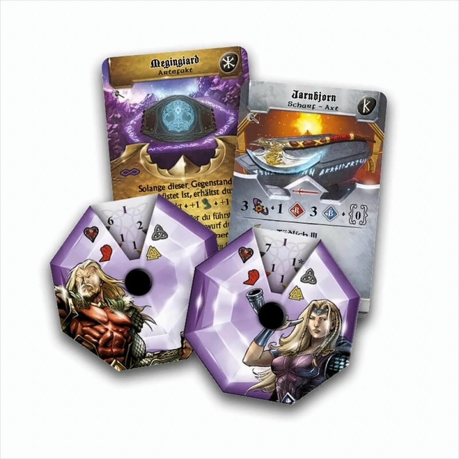 Spielkarten mit Fantasy-Charakteren und Symbolen. Karten gestapelt.