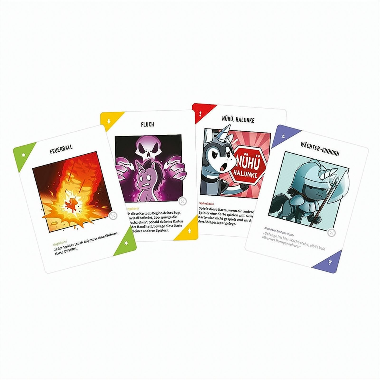 Vier Fantasy-Spielkarten mit Illustrationen und Text, die Charaktere und Symbole zeigen.