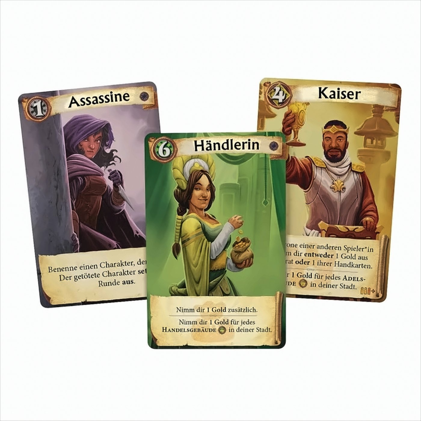 Tre carte da gioco. Assassino, una donna con un coltello, Kaiser, un uomo con una coppa, e Händlerin, una donna con oro.